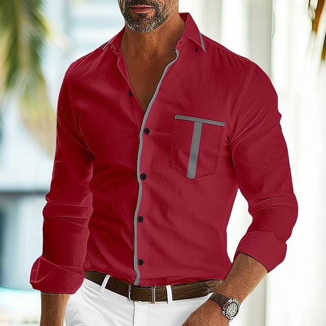  Voor heren Overhemd Overhemd met knopen Normaal shirt Zwart Wit Marineblauw khaki Donkerrood Lange mouw Effen Kleur Revers Dagelijks Vakantie Lapwerk Kleding Katoen Modieus Casual Comfortabel