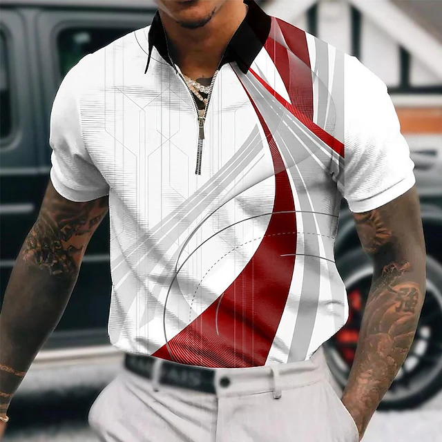 Men's Geometric Zip Polo Shirts Golf Shirt Short Sleeve Polo Shirts Collared Shirts Business Casual Vacation Wear Formal Wear Festival Wear 3D Print Quarter Zip Polo Yellow Pink Red 9
