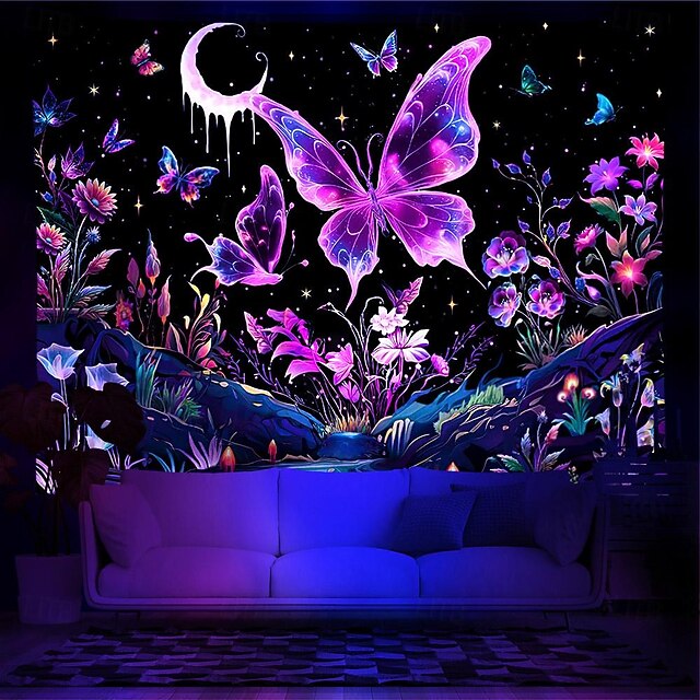 Blacklight Tapestry UV Reactive Glow in the Dark Glow Party Neon Animal Butterflies Psychedelic Trippy Misty Hanging Tapestry Wall Art Mural for Living Room Bedroom4