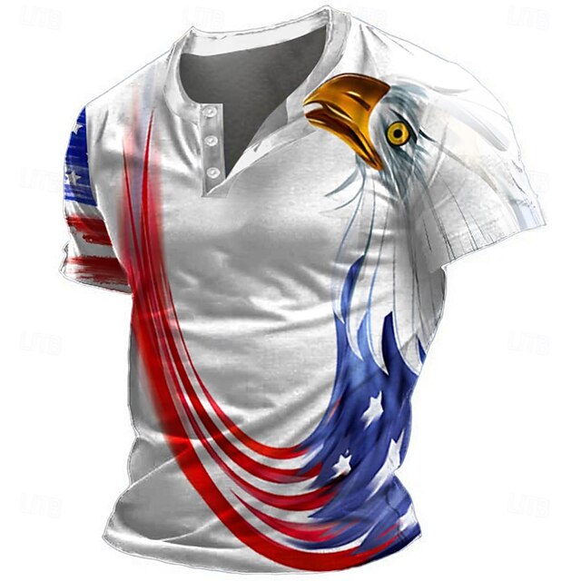 Men's American US Flag Eagle T shirt Henley Shirt Short Sleeve 3D Print Designer Retro Vintage Street Casual Daily Summer Spring White Henley Henley T-Shirt4