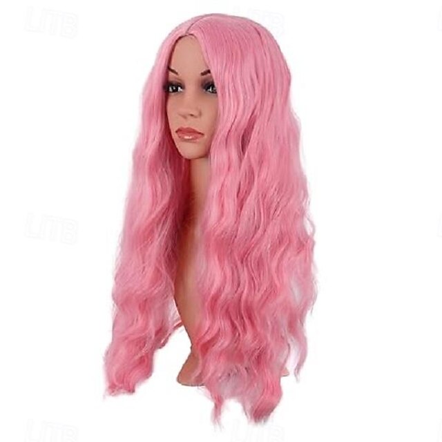  28 tommer/70 cm lang bølgete midtparti uten frynser syntetisk fiber krøllete mote kvinner fest cosplay parykk Halloween-parykker