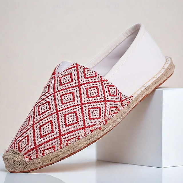  Women's Red and White Patterned Espadrilles – Comfortable Slip-On Canvas Shoes with Natural Jute Sole for Summer