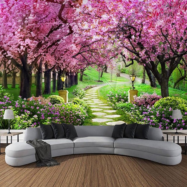 Valentine's Day Wall Tapestry Art Decor Blanket Curtain Picnic Tablecloth Hanging Home Bedroom Living Room Dorm Decoration Nature Landscape Garden Tree Flower Blossom Pathway 18