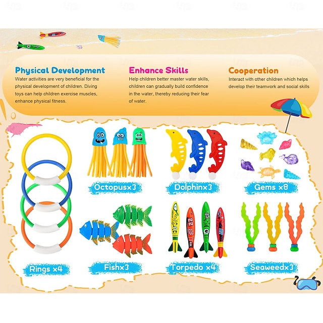 Jouets De Piscine De Plongée, 18 Pièces, Anneaux De Plongée, Bâtons Jouets De Piscine De Plongée, 18 Pièces, Anneaux De Plongée, Bâtons