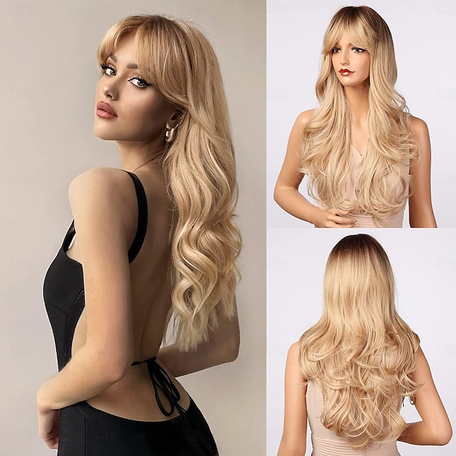  Blonde Wig with Bangs - Long Wavy Ombre Curtain Bang Wigs for White Women, Light Ash Blond Dark Roots Synthetic Heat Resistant Hair, Natural Cute Strawberry Wigs for Halloween/Christmas