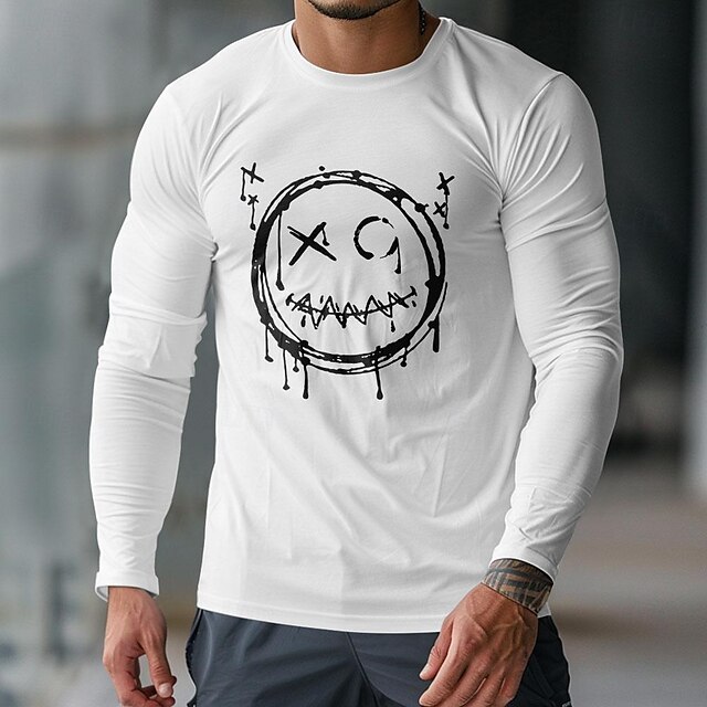  Morsom Smilefjes Svart Hvit Mørkeblå T skjorte Herre Grafisk 100 % bomull Skjorte Klassisk Fritid Skjorte Langermet Komfortabel t-skjorte Vår Høst Motedesignerklær S M L XL XXL