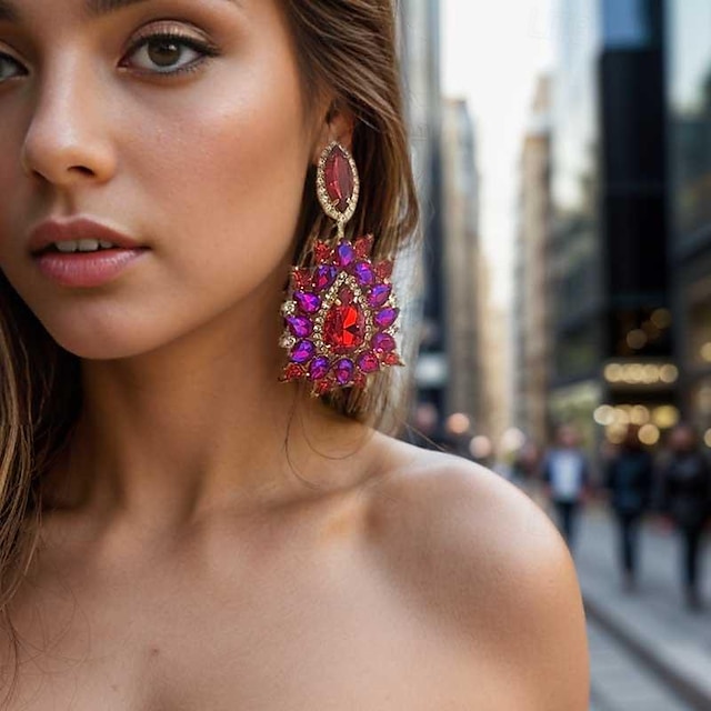  Mujer Pendientes cortos Geométrico Sol resplandeciente Precioso Importante Personalizado Diamante Sintético Aretes Joyas Plata / Rojo claro / Arco Iris Para Boda Fiesta Diario 1 Par
