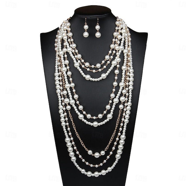  Bridal Jewelry Sets 1 set Pearl 1 Necklace Earrings Women's Elegant Vintage Cute Layered Precious Oval Jewelry Set For Wedding Party