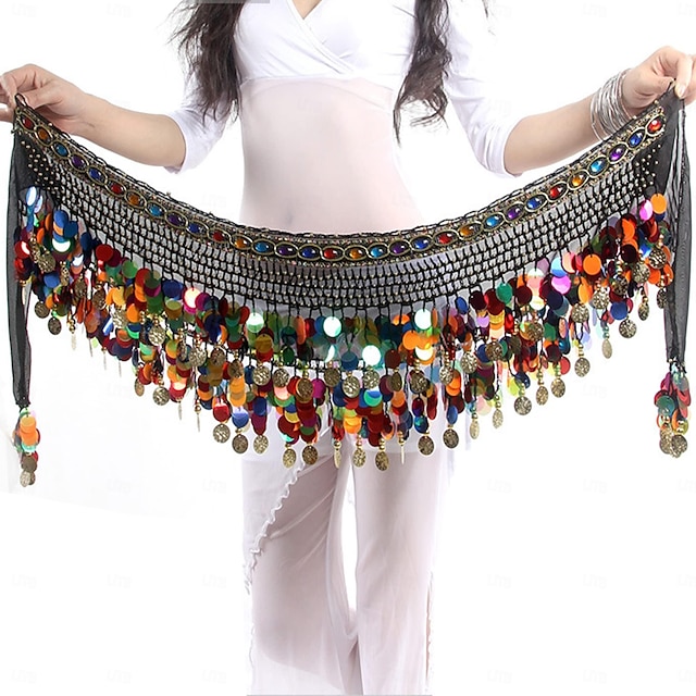  Womens Belly Dance Hip Scarf  Sweet Belly Dance Skirt Wrap Performance Bling Sequins Coins Belly Dance Costume