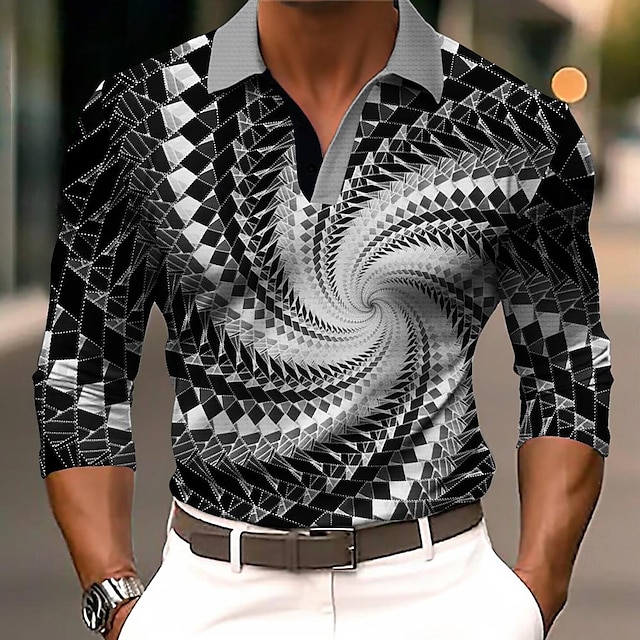  Herr Pikétröjor Golftröja Långärmad Polotröjor Skjortor med krage Semesterkläder Rave Wear Festkläder Knappar 3D-utskrift Höst vinter Gul Blå Purpur