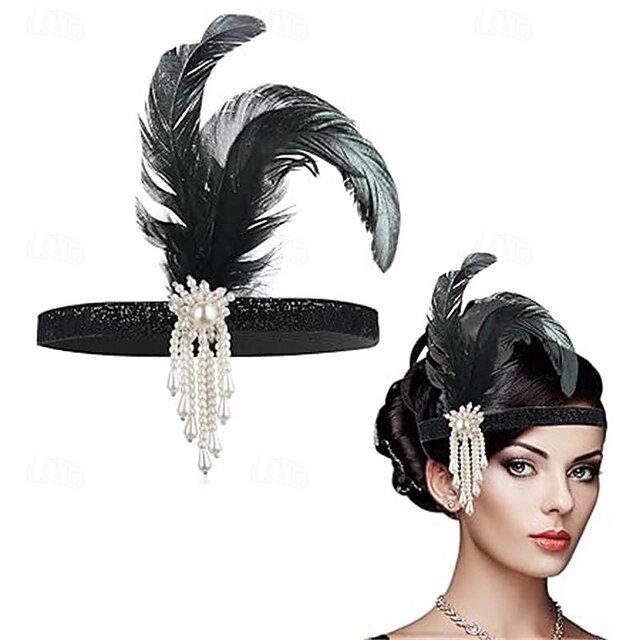 Vintage 1920s The Great Gatsby Flapper Headband Accesories Set Charleston Wedding Guest Feather Fashion Fancy Dress Women's Masquerade Wedding Reception Bachelorette Party Festival Adults' Headband4