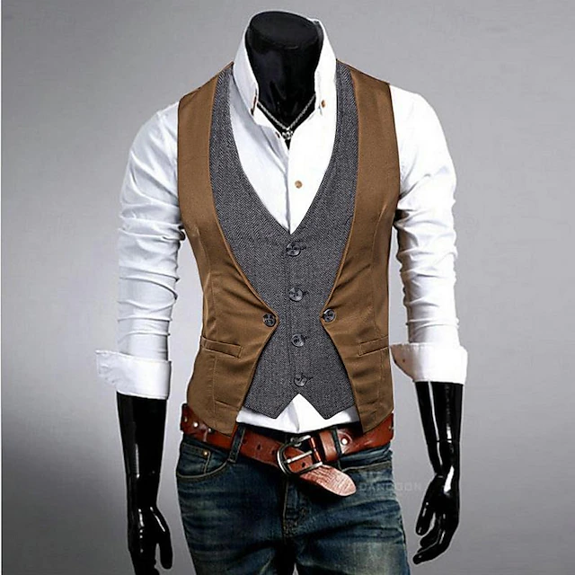 Men's Vest Gilet Wedding Event / Party Daily Fashion Business Spring & Fall Patchwork Button 2 in 1 Polyester Comfortable Color Block Single Breasted One-button V Neck Regular Fit Black Navy Blue 14