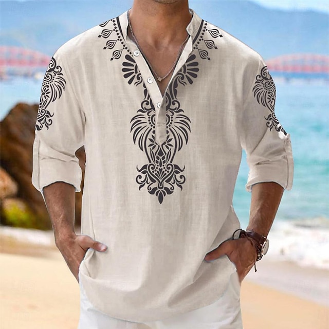  Herr Skjorta Knapp upp skjorta Henleytröja Långärmad Stam Mode Casual Strandstil Semester Casual Ledigt Sommar Vår & Höst Kraghalsband Bandkrage Knappar Mönster Vit Gul Blå Beige