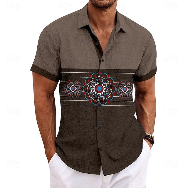 Herren Ethnisch Hemd Knopfhemd Kurzarm Brautkleider schlicht Stamm Urlaub Täglich Sommer Frühling Umlegekragen Knopf hoch 3D-Druck Blau Braun Grau