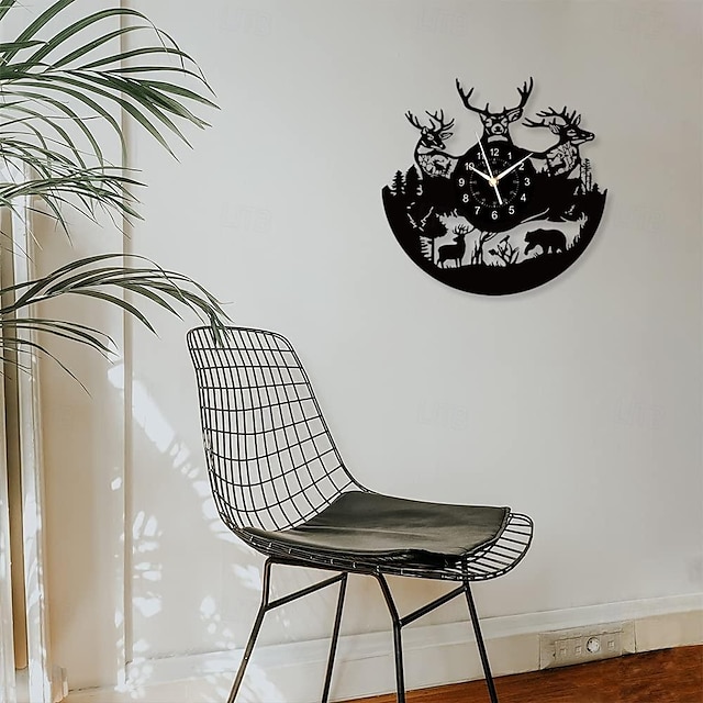  Relógio de parede com disco de vinil - decoração de parede de cervo - relógio silencioso - decoração de quarto retrô preto