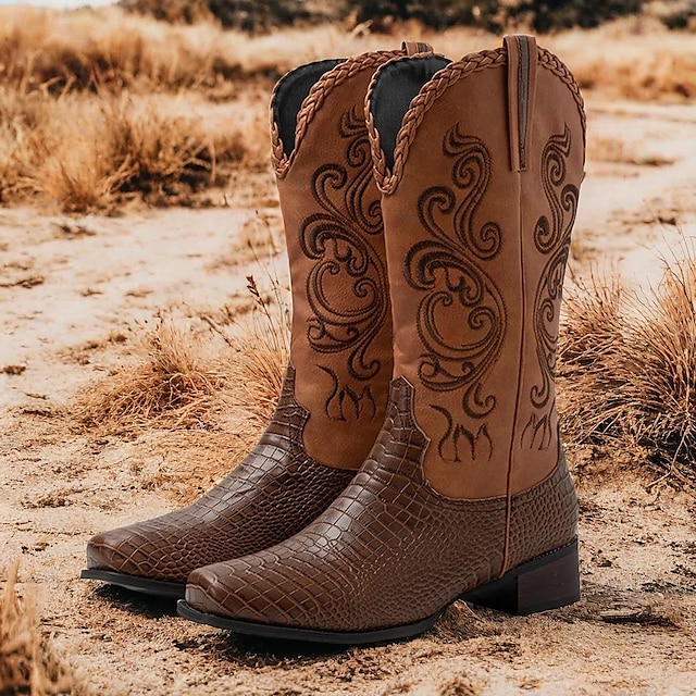 Men's Brown Western Cowboy Boots with Embroidered Design and Faux Crocodile Pattern - Stylish and Durable 10