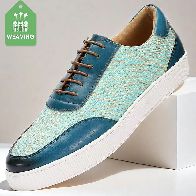 Men's Blue Leather Sneakers with Woven Pattern - Stylish and Comfortable Lace-Up Casual Shoes for Everyday Wear 7