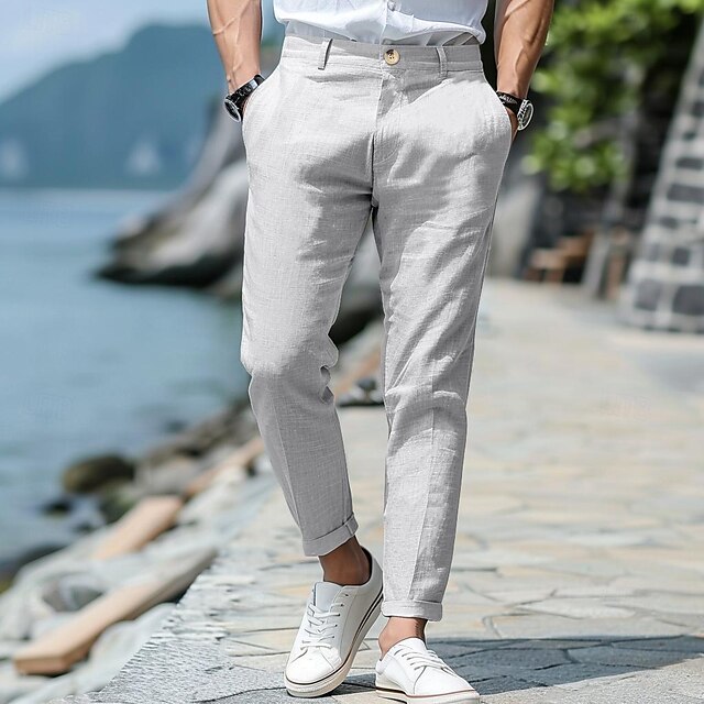 Men's Dress Pants Linen Pants Trousers Summer Pants Button Front Pocket ...