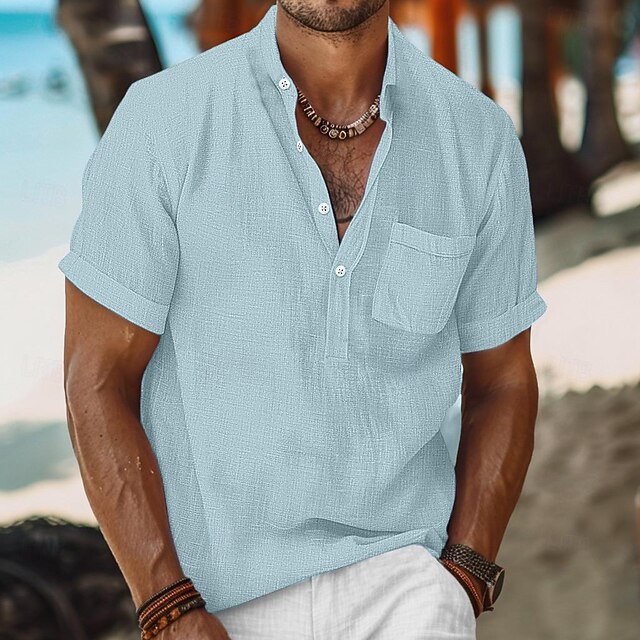 Men's Shirt Linen Shirt Summer Shirt Beach Shirt Solid Color Vacation Curise Black White Gray Light Blue Short Sleeve Fold-over Collar Spring & Summer Clothing Apparel Pocket 7