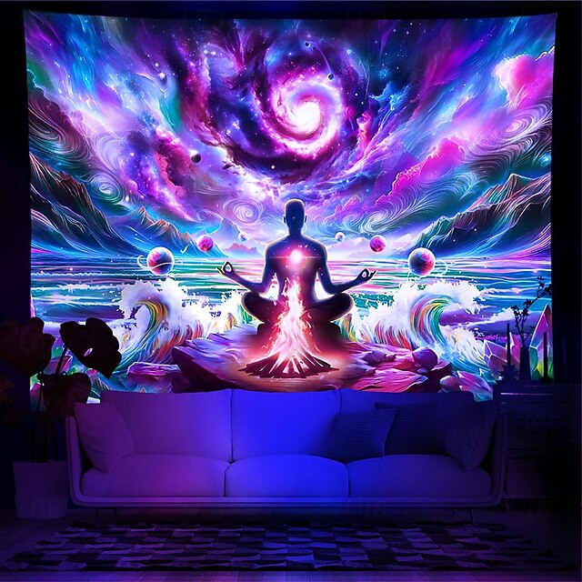 Blacklight Tapestry UV Reactive Glow in the Dark Glow Party Neon Chakra Bohemian Boho Psychedelic Trippy Misty Hanging Tapestry Wall Art Mural for Living4