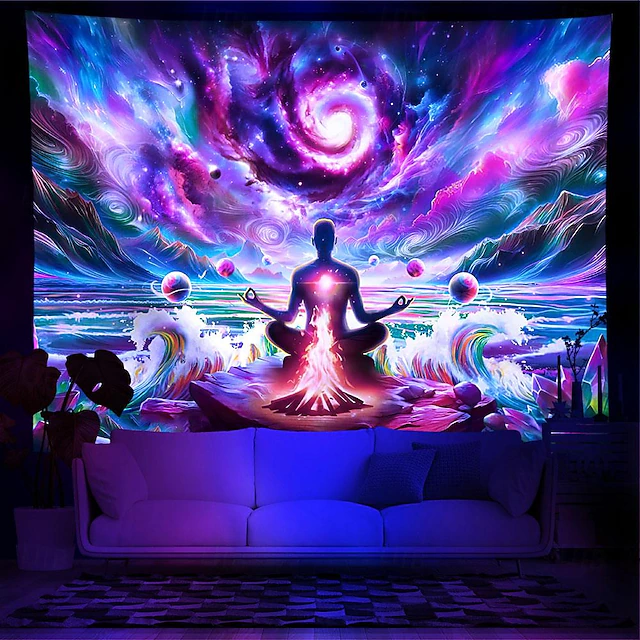 Blacklight Tapestry UV Reactive Glow in the Dark Glow Party Neon Chakra Bohemian Boho Psychedelic Trippy Misty Hanging Tapestry Wall Art Mural for Living4