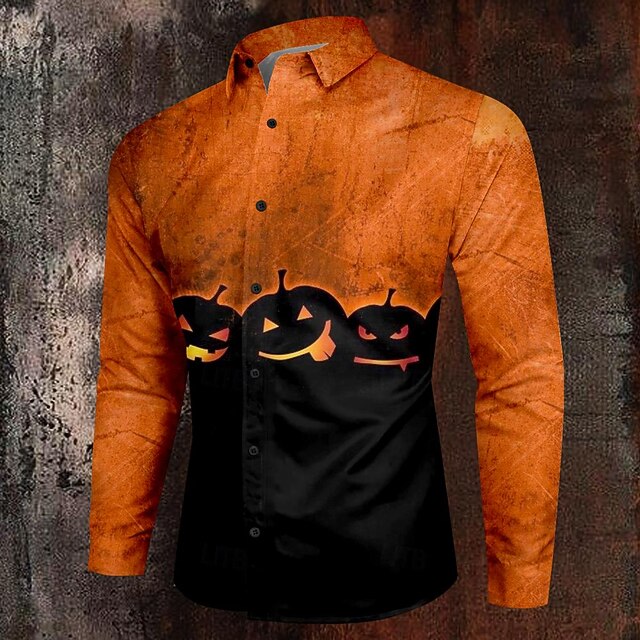  Halloween Abóbora Casual Escuro Homens Camisa Social camisa de botão Manga Longa Festa Outono Inverno Primavera Verão Aberto para a Lateral Colarinho de Camisa Abotoar Impressão 3D Fina Laranja