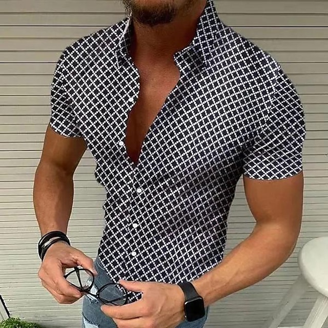  Men's Geometric Pattern Lattice Shirt Short Sleeve Designer Beach Casual Summer Turndown Print Black White Red Blue Green