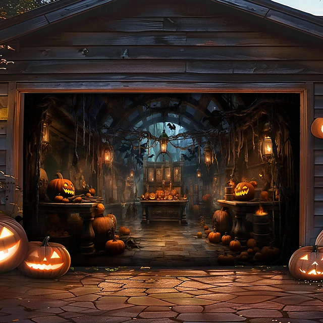 Halloween Door Decorations Halloween Garage Door Cover Pumpkin Outdoor Banner Scary Vintage Door Large Backdrop Decoration for Holiday Outdoor Garage Door Home Wall Decorations 43