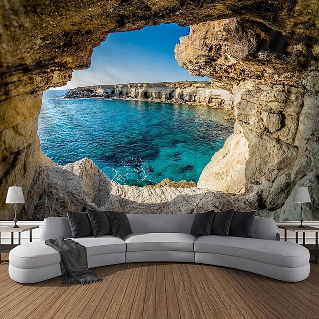 Large Wall Tapestry Art Deco Blanket Curtain Picnic Table Cloth Hanging Home Bedroom Living Room Dormitory Decoration Polyester Fiber Landscape Mountain Water Lake Sea Cave 21