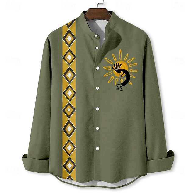 Men's Ethnic Kokopelli Shirt Button Up Shirt Long Sleeve Vintage Casual Tribal Vacation Daily Summer Spring & Fall Standing Collar Button Up 3D Print Blue Green Khaki Beige 7