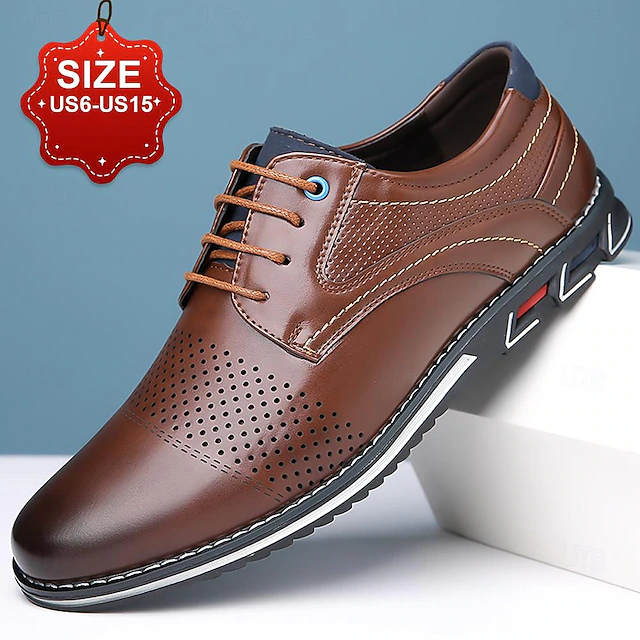 Men's Brown Leather Oxford Dress Shoes with Breathable Perforations and Comfortable Sole for Business and Formal Events 13