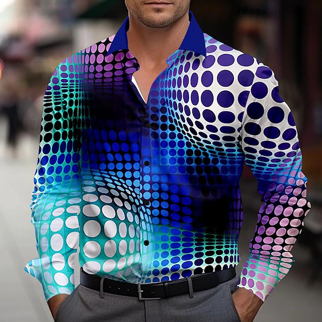 Men's Optical Illusion Geometric Pattern Button Up Shirt Printed Shirts Long Sleeve Fashion Casual Outdoor Vacation Street Spring & Summer Turndown Print Button-Down Blue 5