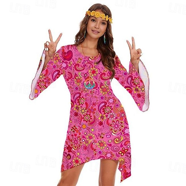  Retro 70. léta Dámské maškarní šaty 70. let Zvonové Hippie Disko Grafika Kulatý Maškarní kostým Dámské předvečer Všech svatých Karneval Plesová maškaráda Párty Denní nošení Pride Parade Dospělé Šaty
