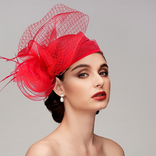  Fascinadores Plumas Red de Sombrero en Forma de Plato Boda Carrera de Caballos Día de Ladies Melbourne Cup con Adorno de Plumas