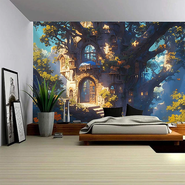 Nature Tree House Hanging Tapestry Wall Art Large Tapestry Mural Decor Photograph Backdrop Blanket Curtain Home Bedroom Living Room Decoration 6