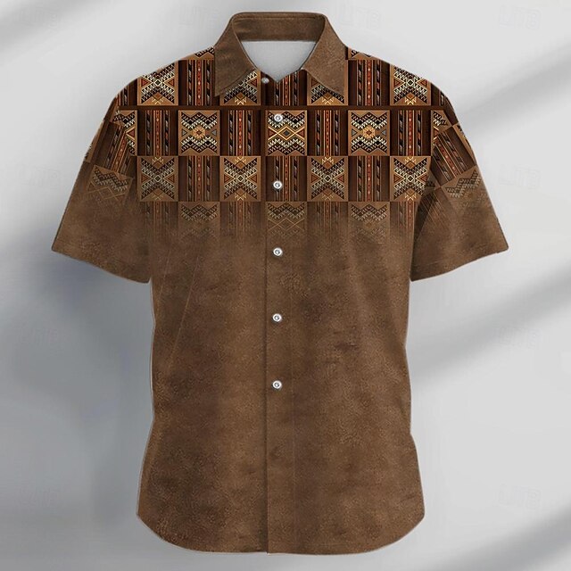 Men's Ethnic Shirt Button Up Shirt Short Sleeve Vintage Casual Vacation Daily Summer Turndown Button Up 3D Print Brown4