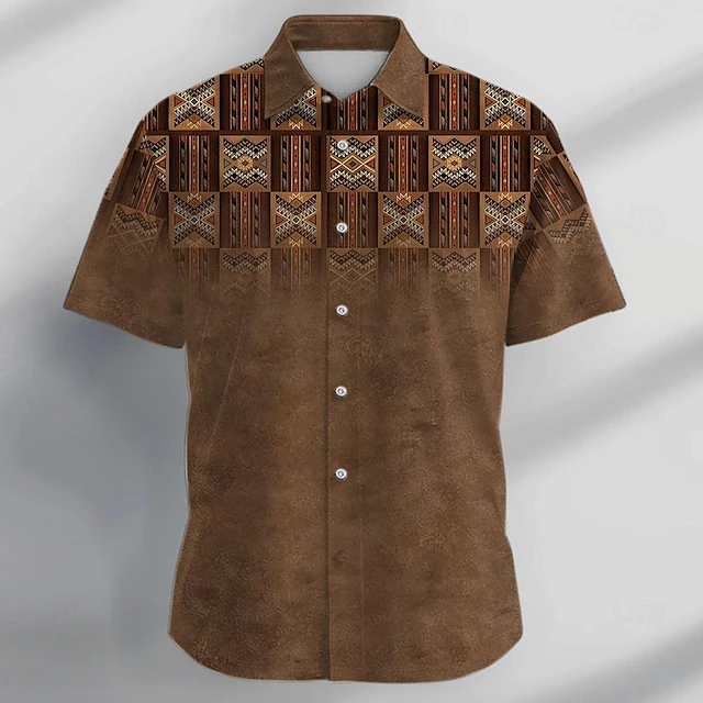 Men's Ethnic Shirt Button Up Shirt Short Sleeve Vintage Casual Vacation Daily Summer Turndown Button Up 3D Print Brown4