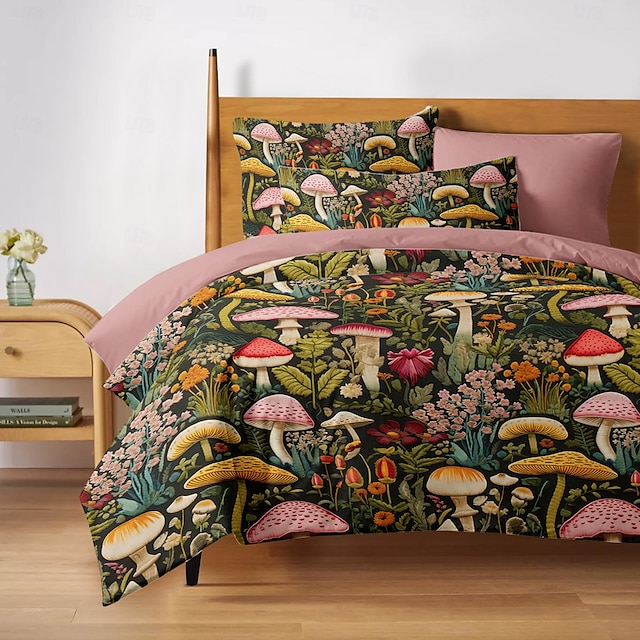  Mushroom Forest Mexican Folk Art Pattern Duvet Cover Set Comforter Set Soft 3-Piece Luxury Cotton Bedding Set Home Decor Gift