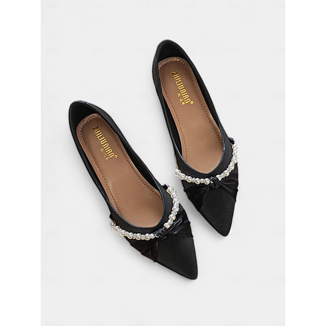  Women's Pearl Embellished Low Heel Flats - Elegant Pointed Toe Slip-On Shoes for Weddings and Formal Events
