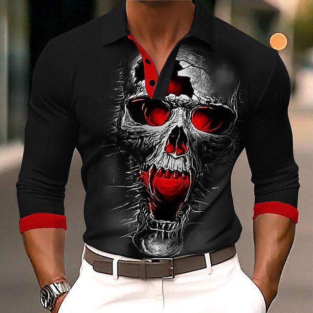 Day of the Dead Men's Skull Polo Shirts Long Sleeve Polo Shirts Collared Shirts Horror Streetwear Festival Wear Party Outfits 3D Print Buttons Fall & Winter Black4