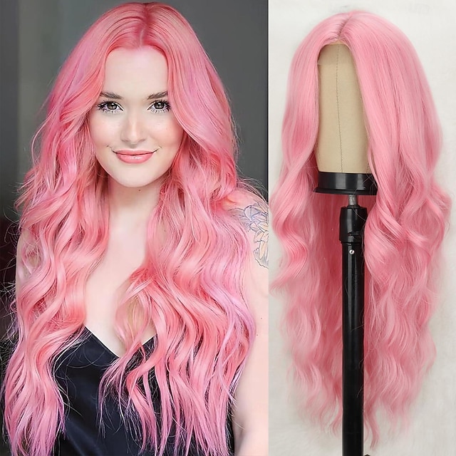  פפיון ארוך עם גלים לנשים עם שיער מעוגל ומחולק באמצע פפיון ארוך סינתטי לסיבות תחפושות לק Halloween