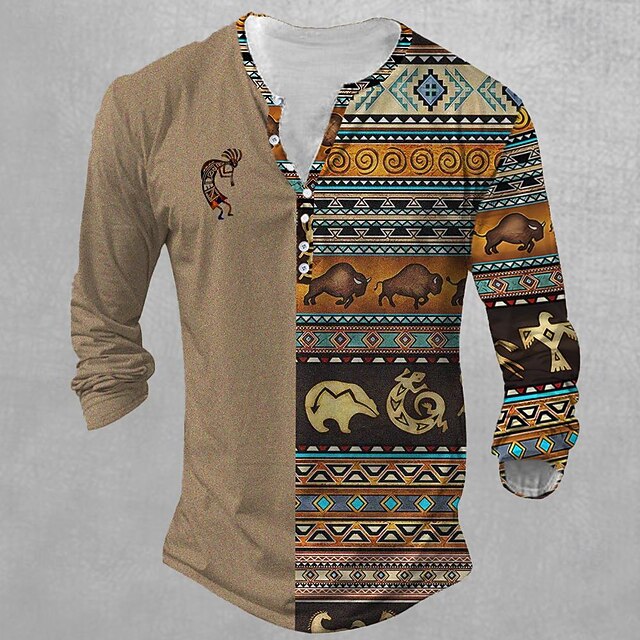 Men's Aztec T shirt Henley Shirt Long Sleeve 3D Print Designer Retro Vintage Ethnic Street Casual Daily Summer Spring Fall Brown Henley Henley T-Shirt4