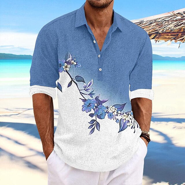 Men's Floral Button Up Shirt Henley Shirt Long Sleeve Hawaiian Resort Outdoor Casual Summer Spring Fall Turndown Red Blue Purple 6