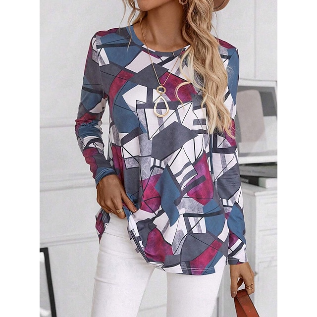  Women's T shirt Tee Color Block Print Daily Casual Long Sleeve Crew Neck Fuchsia Spring Fall