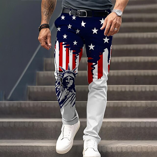 Men's Casual Flag American Flag Dress Pants 3D Print Pocket 3D Print Mid Waist Party Evening Dailywear Vacation Summer Spring Fall Blue Slim Fit Inelastic4