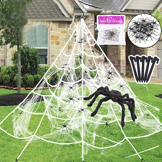 Halloween Spider Web + Spider Decorations Fake Spider with Triangular Huge Spider Web for Indoor Outdoor Halloween Decorations Yard Home Costumes Parties Haunted House Décor4
