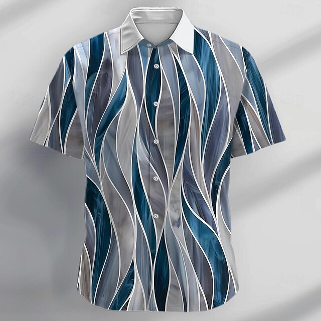 Men's Striped Geometric Pattern Shirt Button Up Shirt Short Sleeve Abstract Casual Daily Holiday Summer Turndown Button Up 3D Print Blue4