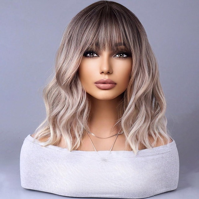  Szőke Ombre Paróka Rövid Bob Paróka Rövid Göndör Hullámos Paróka Frufrukkal Nőknek Hőálló Szintetikus Haj Parókák Mindennapi Használatra Cosplay Paróka Paróka Sapkával Halloween Parókák