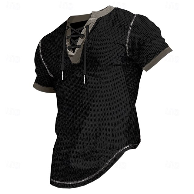  Homens Camisa Waffle Henley Camisa Henley Camisa de manga curta T-shirt Manga Curta Decote V Henley Verão Retalhos Moda Diário Cordões Com Cordão Ao ar livre Rua Casual Preto Branco Azul Marinha Top