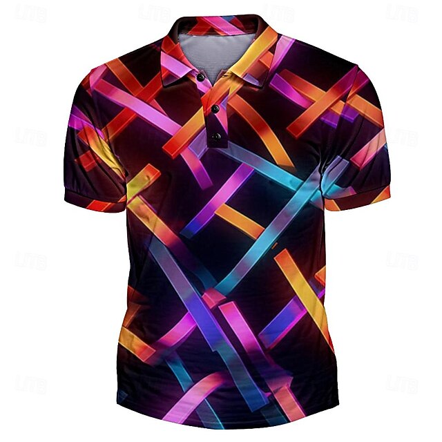 Men's Graphic Neon Polo Shirts Golf Shirt Short Sleeve Polo Shirts Collared Shirts Vacation Wear Rave Wear Party Outfits Buttons 3D Print Spring & Summer Black4